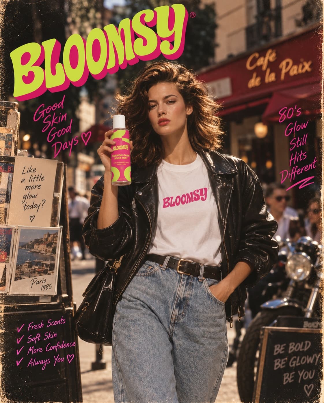 Model in a leather jacket outside a cafe holding a Bloomsy mist, 80s glow lettering around