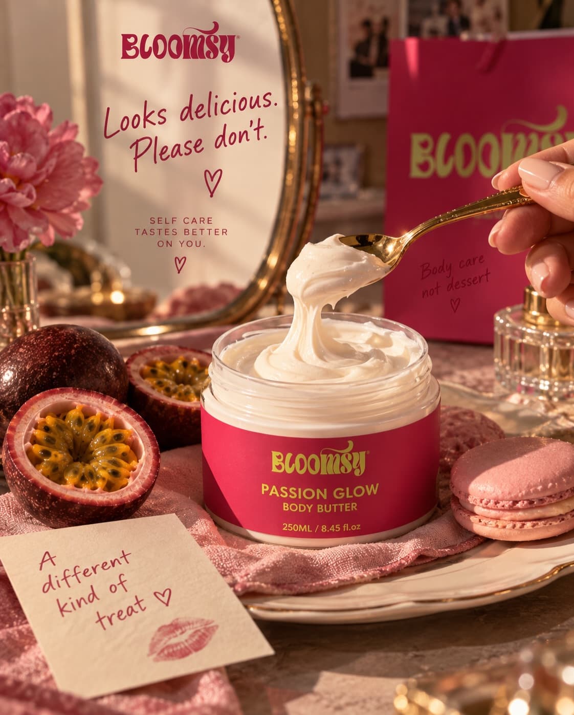 Spoon lifting whipped body butter from the tub, passion fruit and macarons around it