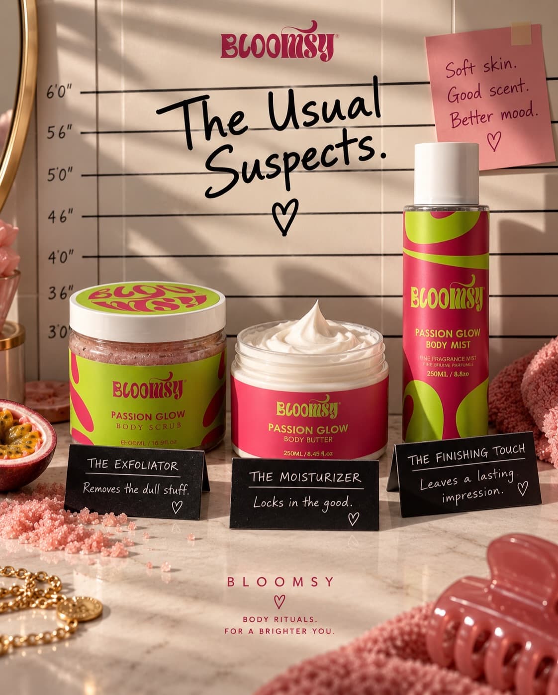 Body scrub, body butter and body mist lined up in front of a height chart titled the usual suspects